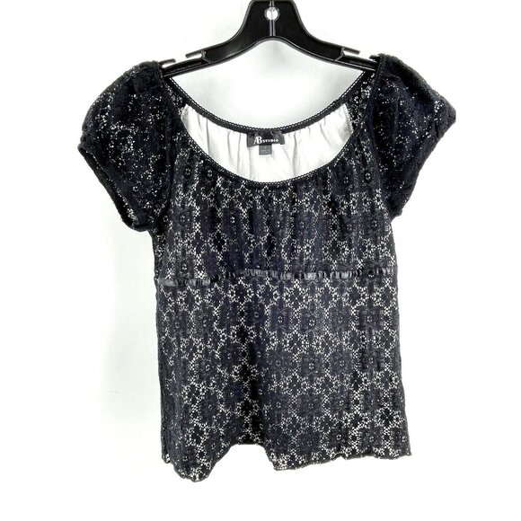 AB Studio Women's Black White Lace Top Shirt Size Small Casual Fun Short Sleeves - Picture 1 of 10